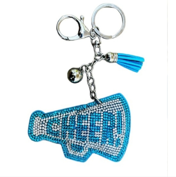 Bling Cheer Crystal Rhinestone Keychain Bag Charm With Blue Tassel - Picture 2 of 10